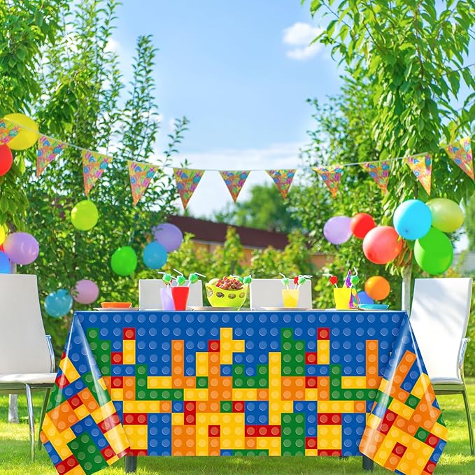 Oudain 4 Pcs Building Block Tablecloths Colorful Building Blocks Birthday Party Decorations 54 x 108 Inch Disposable Plastic Brick Table Cover Waterproof Brick Themed Party Supplies (Yellow,Blue)