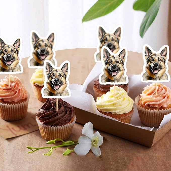 Ercadio 24 Pcs Pet Dog Puppy Cupcake Toppers Cute German Shepherd Dogs Cupcake Picks Puppy Birthday Party Pet Dog Party Cake Decorations