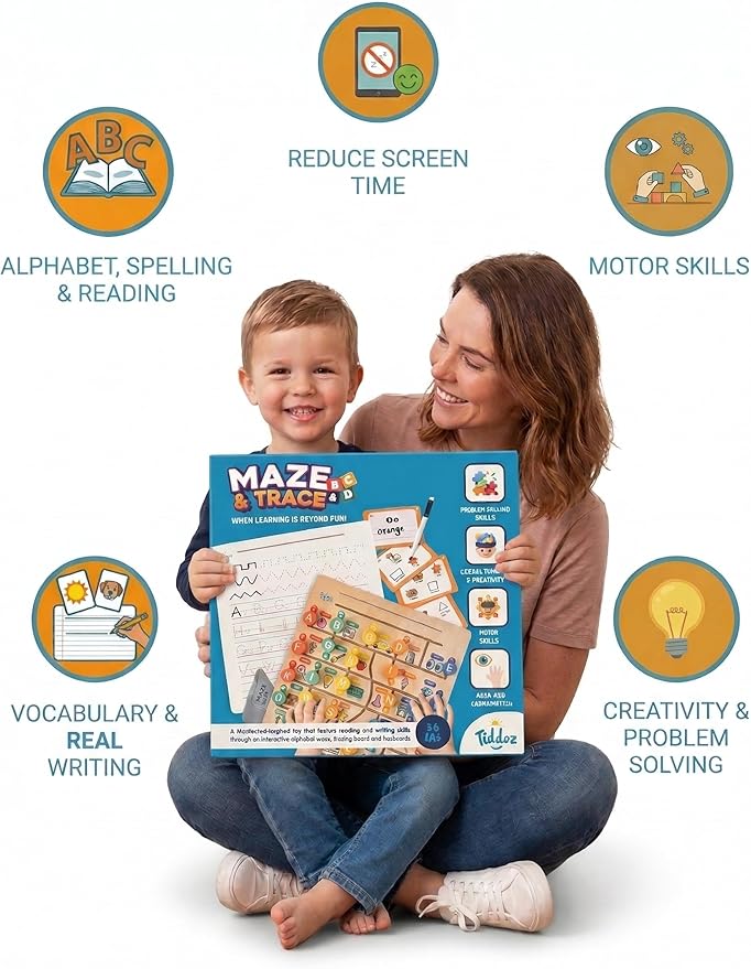 Learn ABC, Reading & Handwriting with Maze&Trace 3in1 Montessori Educational Wooden Board Toy & Flashcards with 100+ Sight Words for Boys & Girls Age 2 3 4 5 6 STEM & Fine Motor Skills Growth