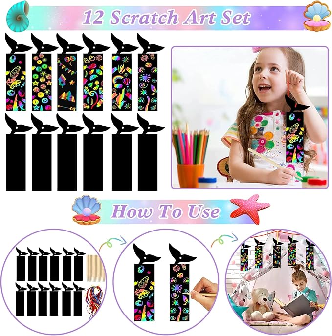 Mermaid Party Favors, 12 Pack Mermaid Birthday Party Supplies - Goodie Bags, Stickers, Scratch Art, Rings, Slap Bracelets, Keychains, Grow Animals for Party Decorations, Pinata Stuffers