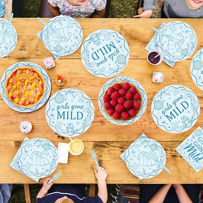 96Pcs Girls Gone Mild Party Decorations Blue Sleepover Plates and Napkins Tableware Sets Girls Night Decorations for women Sleepover Wedding Bachelorette Bridal Shower Party Supplies Serves 24