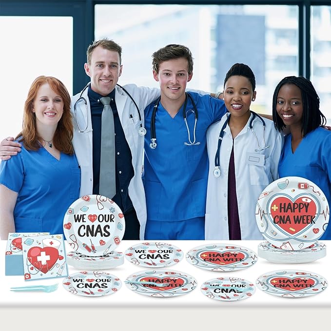 CHUNNIN 96Pcs Happy CNA Week Plates and Napkins Nurse Appreciation Week Party Decorations We Love Our CNAS Dessert Plates Nurse Tableware for 24 Guests CNA Appreciation Week Party Supplies