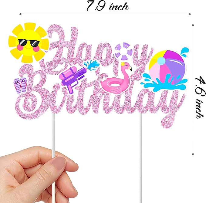 Pool Party Birthday Cake Topper Summer Pool Birthday Party Decorations Pink Glitter Summer Beach Happy Birthday Cake Topper Decorations for Boys Girls Summer Holiday Birthday Party Favor Supplies