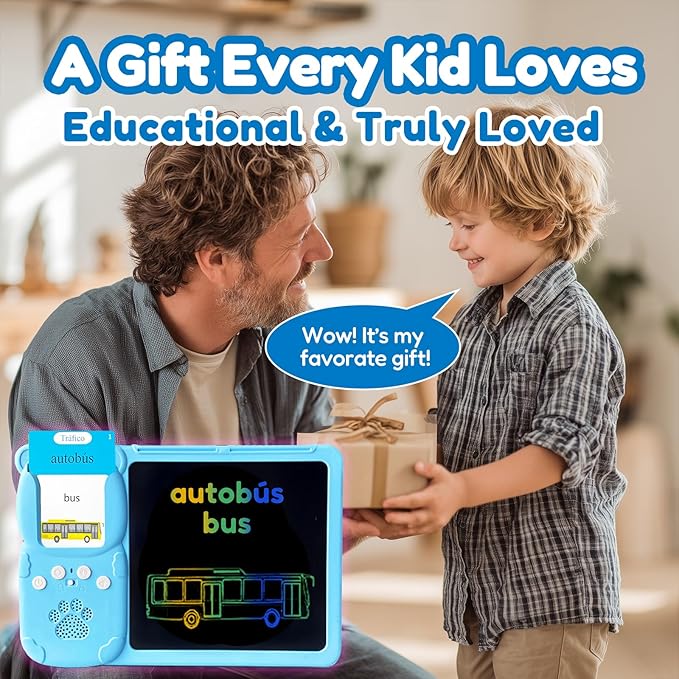 Drawing Tablet with Bilingual Flashcards for Kids - Spanish English Talking Flash Cards, LCD Writing Pad Board, Pocket Speech for Toddlers, Learning Toy Gift for Boys Girls (Spanish, Blue)