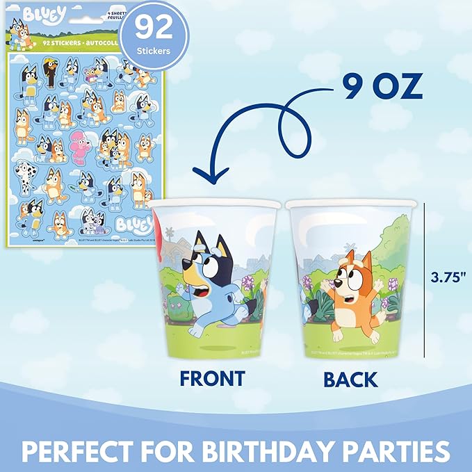 Unique Bluey Cups with Stickers | 16 Paper Cups, 4 Sticker Sheets, Checklist | Bluey Birthday Decorations | Party Supplies for Boys and Girls | Officially Licensed