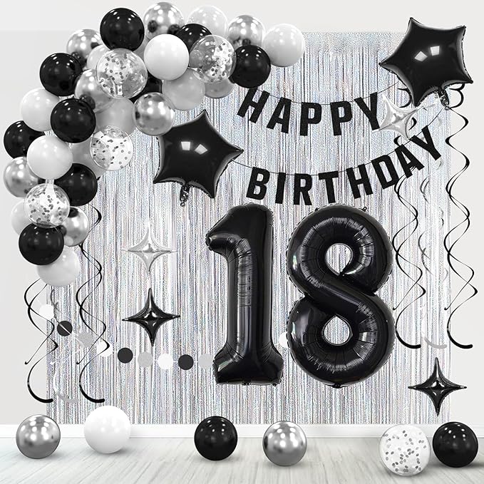 18th Birthday Decorations for Boys, Silvery Black Happy 18th Birthday Party Decorations for Girls, Happy Birthay Banner Balloons Fringe Curtains ,18 year old Bday Pack
