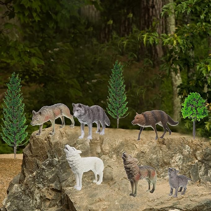 Sratte 26 Pcs Woodland Wolf Figurines Toys Small Wolf Figures with Model Trees Kit Playset Cake Toppers Diorama Project Kit for Kids Toddlers Birthday Gift Decor
