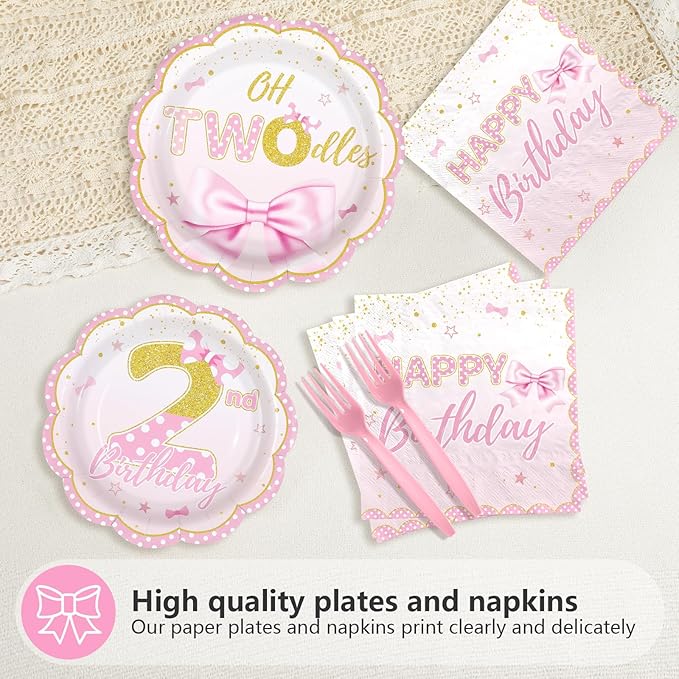 96Pcs Oh Twodles Birthday Party Supplies Girl Cartoon 2nd Mouse Birthday Paper Plates and Napkins Pink Gold Cute 2nd Mouse Theme Bday Decoration for Girls Two Years Old Bday Party Supplies Serves 24