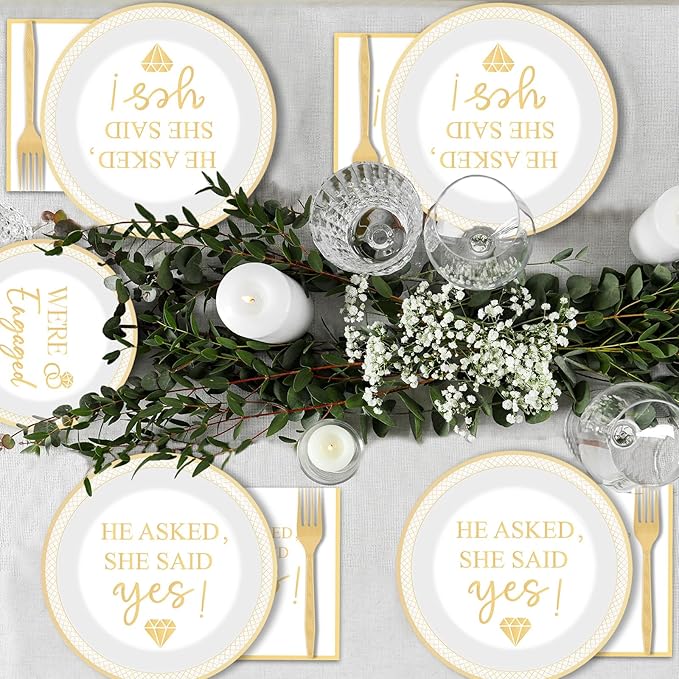 96Pcs Happy Engagement Party Supplies Engagement Paper Plates Napkins She Said Yes Party Tableware Set She Said Yes Disposable Dinnerware for Wedding Birthday Party Bridal Shower Decoration Serve 24