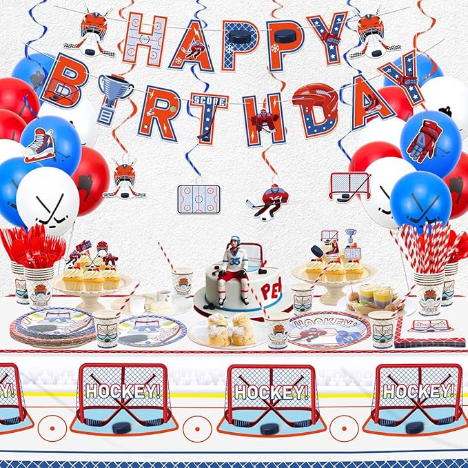 Hockey Party Supplies - Ice Hockey Birthday Party Set Including Plates, Cups, Napkins, Tableware, Tablecloth, Hanging Swirl, Balloons, Banner for Kid's Hockey Fans Birthday Gameday - Serves 20