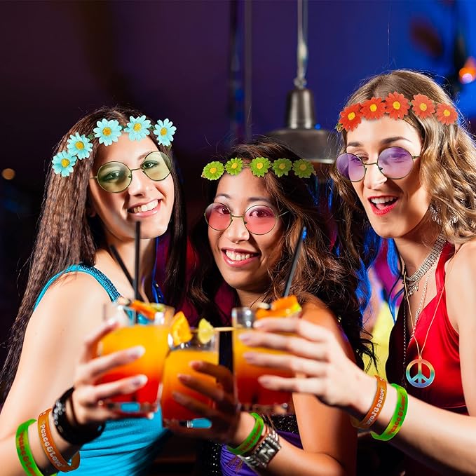 30 PCS Hippie Party Favors Retro Round Sunglasses Daisy Flower Headbands Peace Sign Necklaces Silicone Bracelets For 60s 70s Party Decorations Hippie Party Supplies