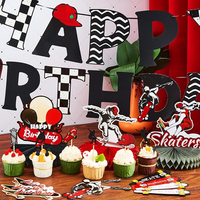 Outus 34 Pcs Skateboard Birthday Party Decorations Skater Party Supplies Skateboard Birthday Decorations Kit Banner Table Centerpieces Cupcake Topper Extreme Skateboarding Cool Decor for Skater Gifts