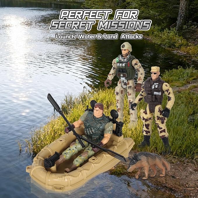 Army Toys, Kids Military Battle Playset with Army Men Action Figures, Army Vehicles, Tank, Truck, Boat, Motorcycle, Helicopter, Soldiers Weapons Accessories, Boys Great Military Gift Toy