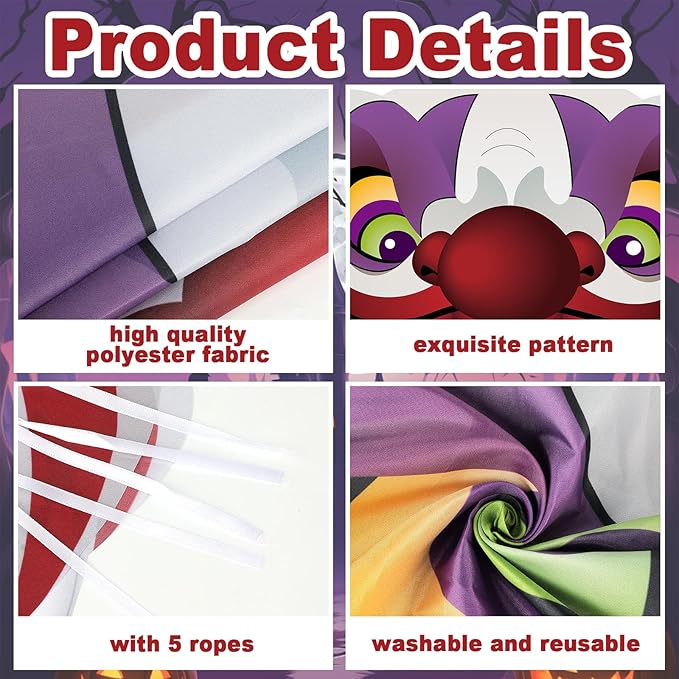 Halloween Clown Party Door Banner Creepy Clown Theme Door Hanging Decoration Horror Clown Scary Stand Up Background Banner for Carnival Halloween Party Photo Booth Props Favor Supplies
