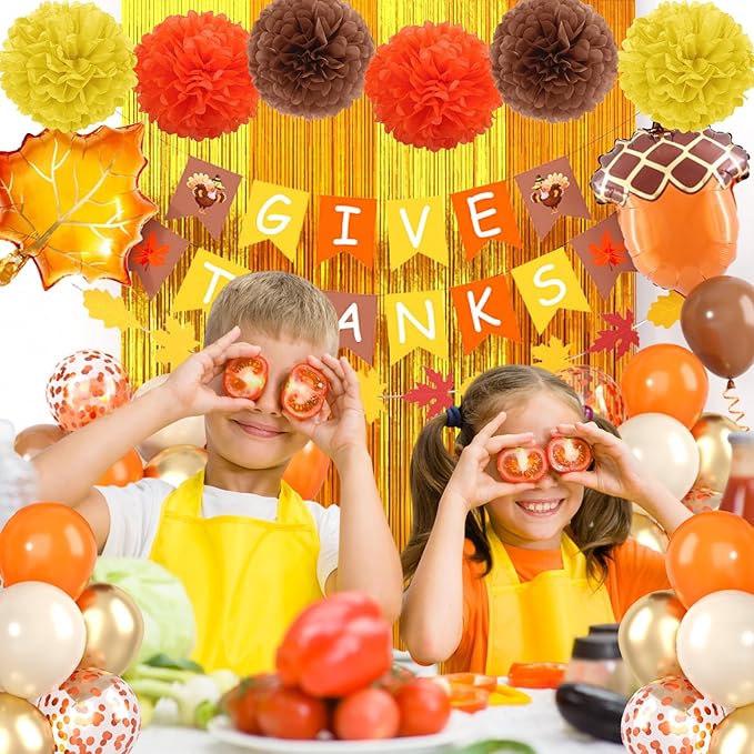 Fall Thanksgiving Party Decorations Set, Includes Give Thanks Banner,Fringe Curtain,Paper Flowers,Autumn Maple Leaves Garland and Foil Balloon for Indoor Home Party Office Classroom Fall Decor