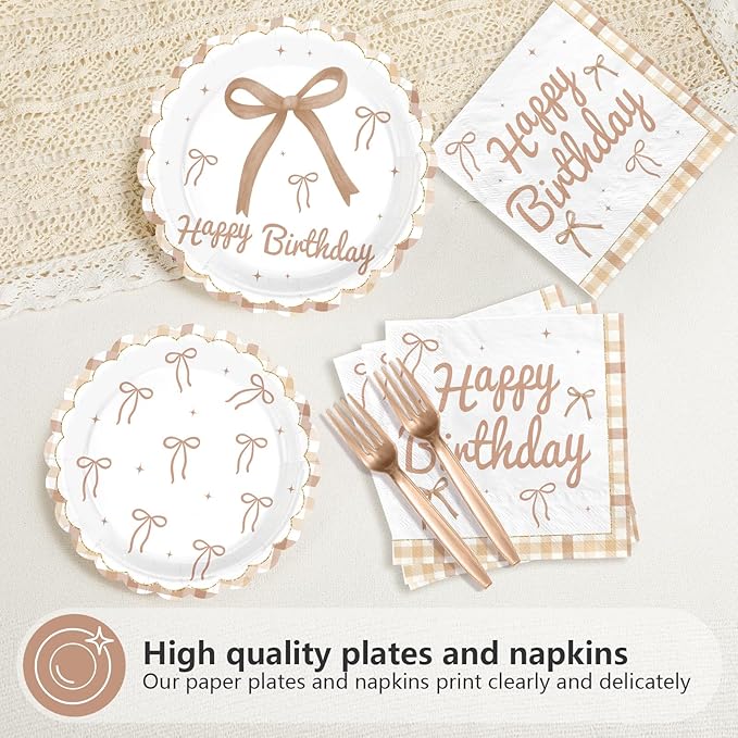 96 Pcs Brown Bow Birthday Party Decorations Disposable Brown Plaid Paper Plates and Napkins Vintage Bow Tableware Set for Boys Girls Birthday Party Baby Shower Supplies, Serves 24