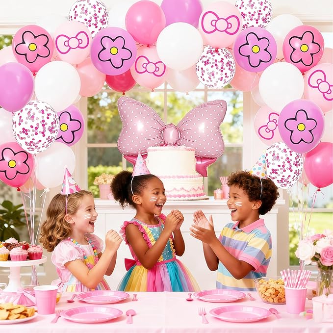 Pink Balloon 64Pcs 12 Inch，Cute Bow Flower Print Balloons for Cartoon Themed Birthday Party Decorations Boys Girls Gatherings Party Supplies