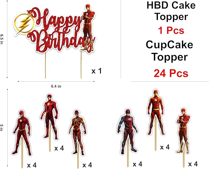 "Flsh Theme Birthday Party Supplies – Superhero Birthday Decorations Set for Boys & Girls – Includes Happy Birthday Banner, Cake Topper, Cupcake Toppers and Party Favors – Comic Theme Party Décor"