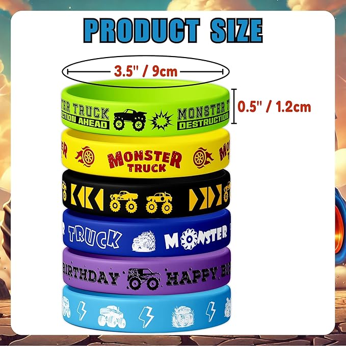 72PCS Monster Truck Party Favors for Kids - 48 Pre-Cut Temporary Tattoos & 24 Silicone Bracelets - Birthday Party Supplies, Goodie Bag Fillers, Carnival Prizes, Classroom Rewards for Boys & Girls