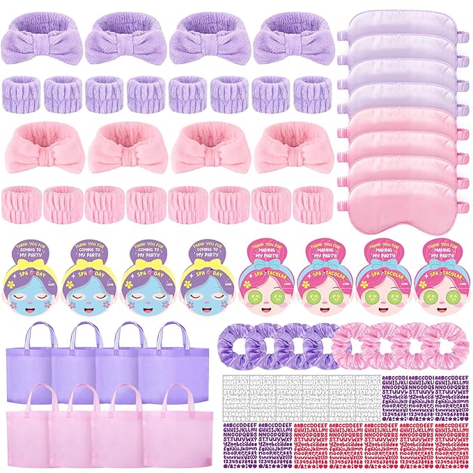 72 Pcs Girls Spa Sleepover Party Supplies With DIY Sticker And Greeting Card Pink Purple Headband Wristbands Eye Mask Hair Scrunchie Tote Bag Sleeping Slumber Party Favor