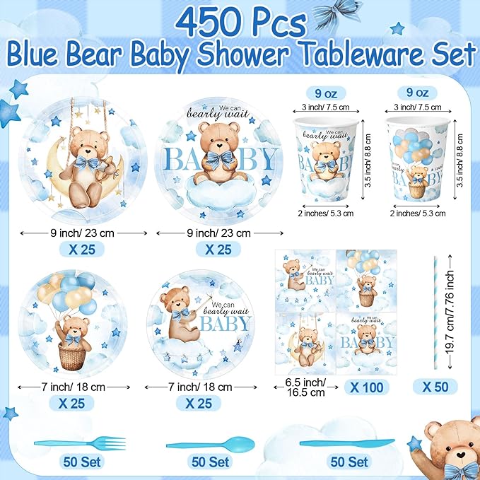 450 Pcs Blue Bear Baby Shower Tableware Set Decorations, We Can Bearly Wait Paper Plates Napkins Cups Cutlery Straws for Blue Baby Shower Gender Reveal Birthday Party Supplies, Serves 50