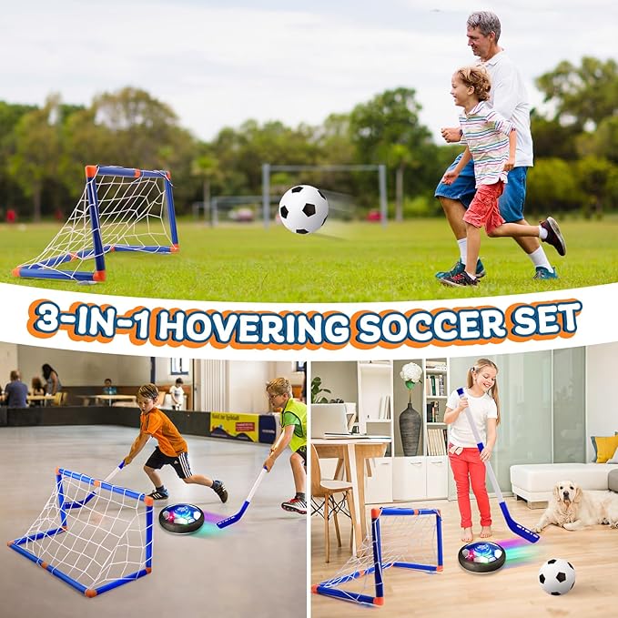 3-in-1 Hover Soccer Ball, Kids Toddler Hockey Set with LED Lights,Indoor Outdoor Toys for Kids, Soccer Gift for Boys 6-8 8-12, Birthday,Kids, Boys Girls Age 6, 7, 8, 9, 10, 11, 12