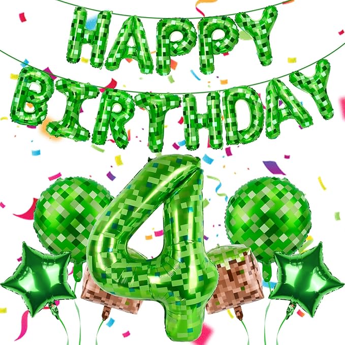 Green Pixel Themed Happy Birthday Banner Party Decorations Set Including 40 Inch Number 4 Foil Balloons, Themed Party Essentials, TNT Pixel Backdrop Supplies for Boys Indoor Outdoor Celebration