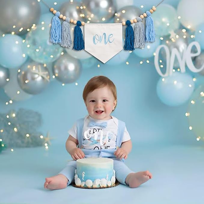 Blue One Tassel High Chair Banner - First Birthday Party Decoration Supplies Garland, Blue Ocean Waves Theme High Chair Tassel Banner, One Sign Birthday Party Backdrop Decoration