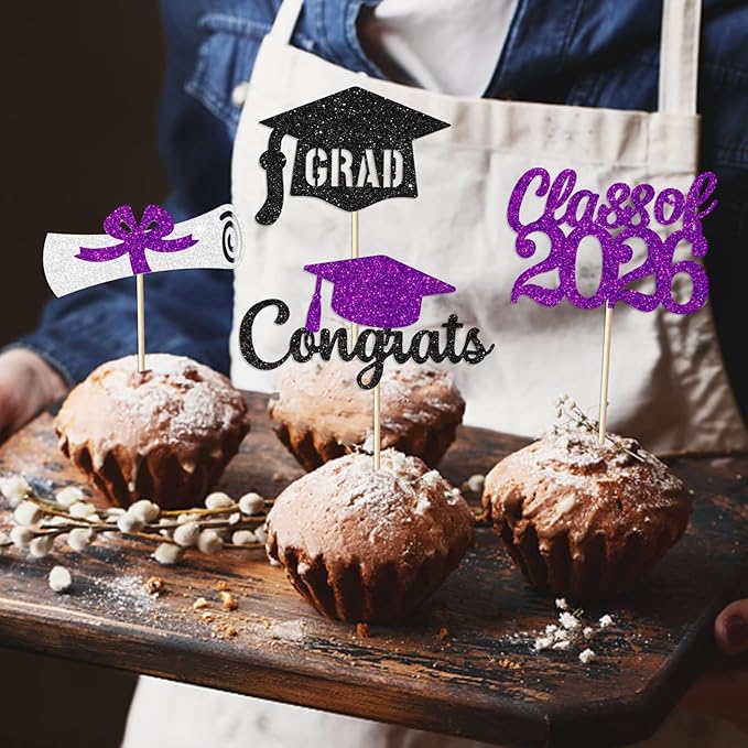 Purple Graduation Cupcake Toppers Decorations Class of 2026 Cupcake Topper Graduation Cup Cake Picks Congrats Grad Party Decor Supplies Set of 24