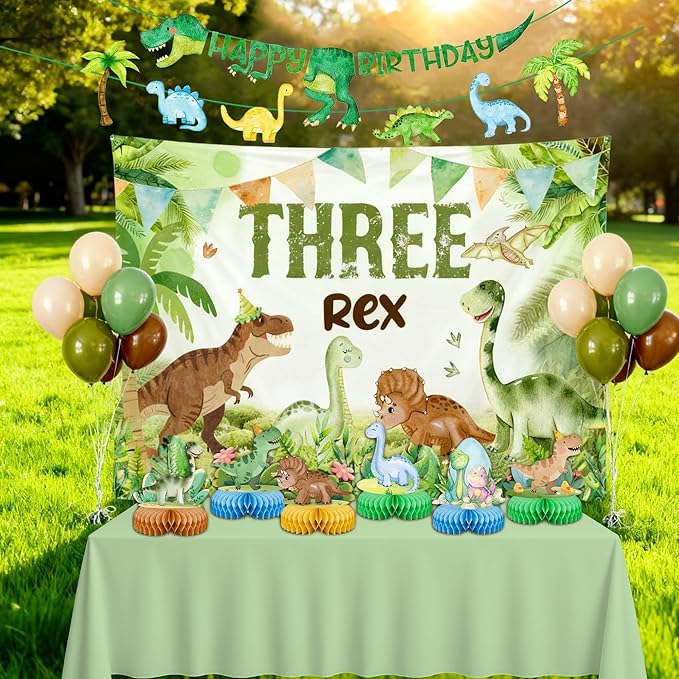 Three Rex Dinosaur Birthday Party Decorations, 3rd Birthdays Decoration for Boys Girls 3rex Dinosaurs Backdrop Honeycombs Balloons Banner Supplies for kids Dino Theme Party (Dinosaur)