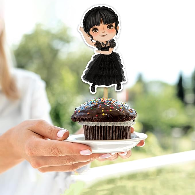 Wednsday Cupcake Topper – Gothic Dark Theme Cupcake Topper for Birthday Celebrations and Themed Events, Stylish Character-Inspired Decorative Cake Topper for Dessert Tables and Party Displays