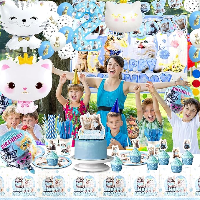 142Pcs Cat Birthday Decorations, Cat 2nd Birthday Party Supplies, Cat Birthday Party Decorations Include Plates Cups Napkins Tablecloth Balloons Cake Toppers for Kids Party