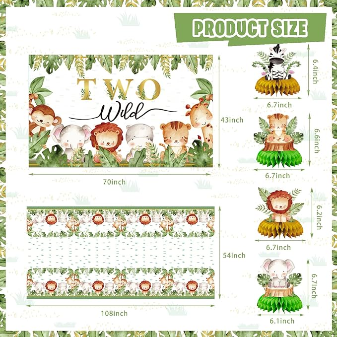 Mpanwen Two Safari Wild Birthday Decorations for 2 Years Old Boys, 158 Pcs Jungle Safari 2nd Party supplies for Baby - Backdrop, Tablecloth, Palm Leaves, Jungle Centerpieces, Banner, Crown and Poster