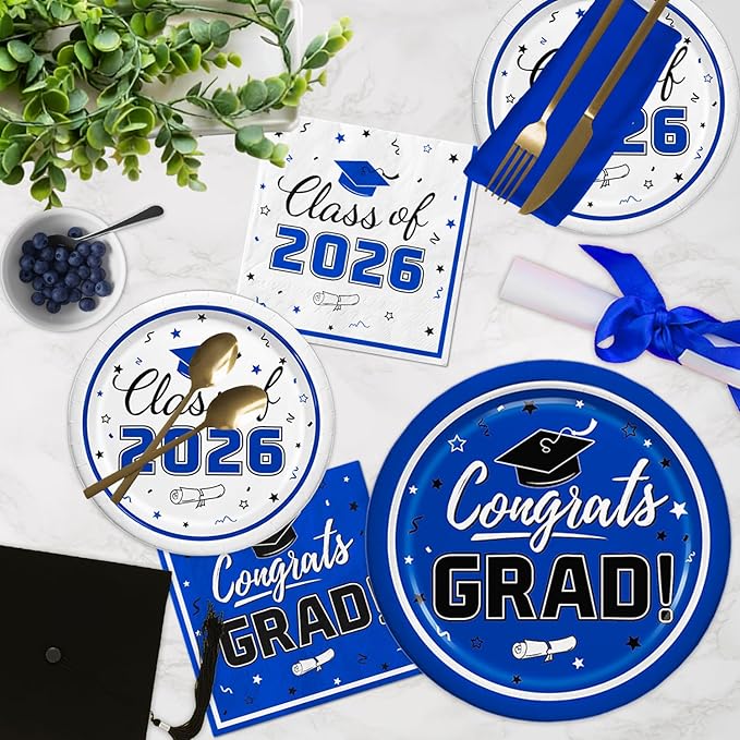 Graduation Blue Party Supplies Kit Dinner Plates Dessert Plates and Napkins for Congrats Grad Party Decorations, Serves 50