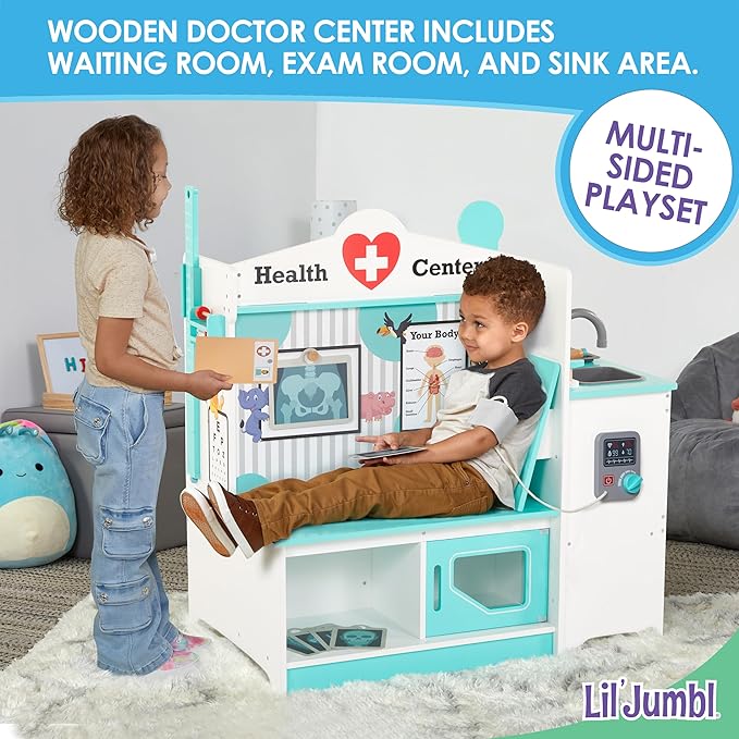 Lil’ Jumbl Wooden Doctor Playset, Multi-Sided Medical Office Activity Center with Exam Room, Check-in & Waiting Areas, Toddler Playset, Doctors Office Pretend Play