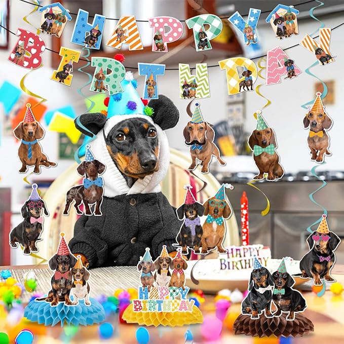 Dachshund Dog Birthday Decorations Include Happy Birthday Banners Dachshund Hanging Swirls Honeycomb Centerpiece Puppy Pet Dog Birthday Theme Party Supplies