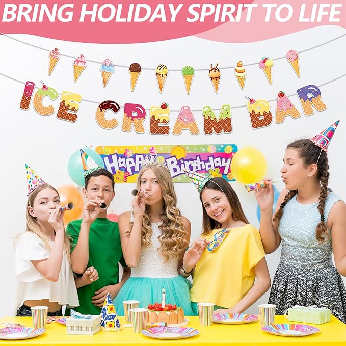 Ice Cream Bar Banner with Ice Cream Cone Garland, Summer Sweet Shop Themed Birthday Decorations, Colorful Garland Photo Prop for Kids Party, Dessert Table, and Theme Party Supplies