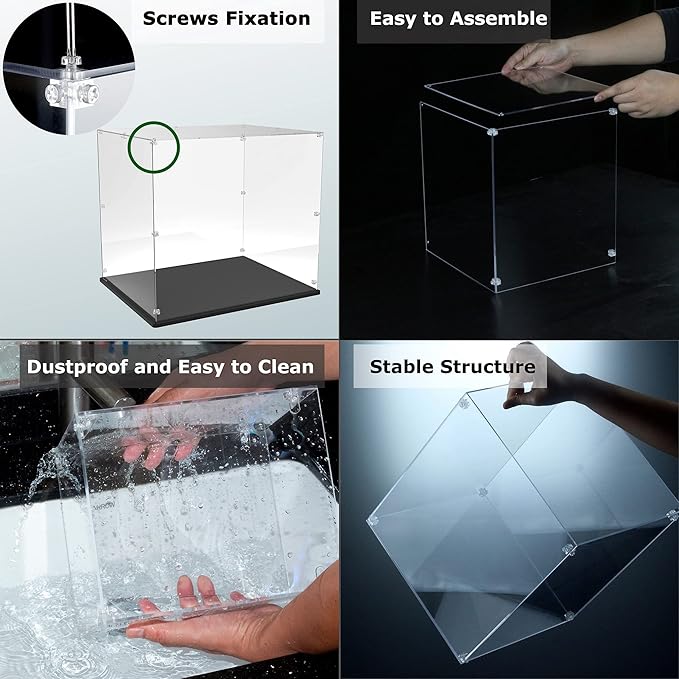 Acrylic Display Case 12x8x8 Inch - 3mm Thick Acrylic Display Box with Black Wooden Base, Assemble Dustproof Showcase Clear Display Case for Collectibles Figures Doll Toys Models Organizing
