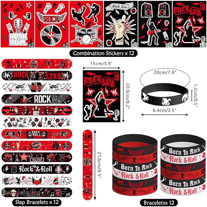 Rock and Roll Party Decorations Favors , Including Gift Bags , Stickers Badge Slap Bracelets Silicone Wristbands DIY Stickers , for Rock Music Theme Party Supplies