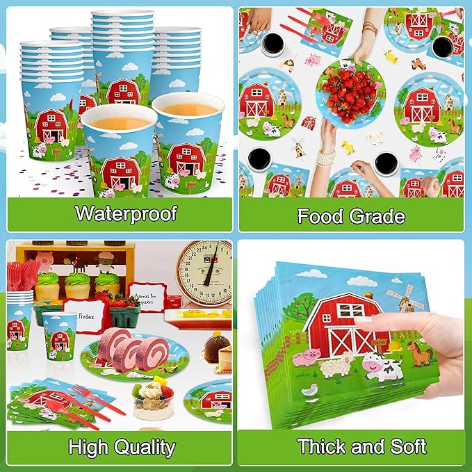 150 Pcs Farm Animal Birthday Party Decorations Farm Plates Tableware Barnyard Farm Birthday Party Supplies Serves 25 Farm Themed Cups, Farm Animal Napkins Red Knife/Fork/Spoon