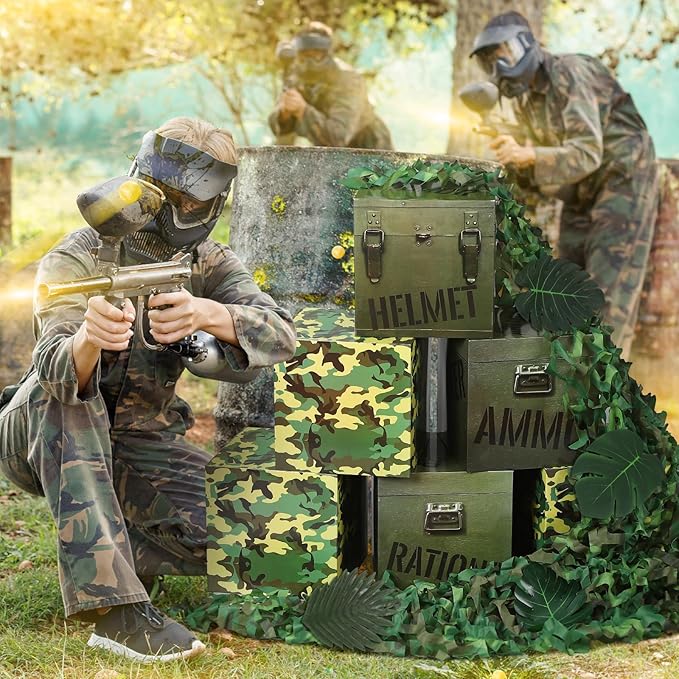 19 Pcs Camo Boxes Decor Army Party Decorations Including Camo Boxes Camo Netting and Palm Leaves for Hunting Military Army Military Enthusiasts Jungle Camo Party Birthday Party Supplies