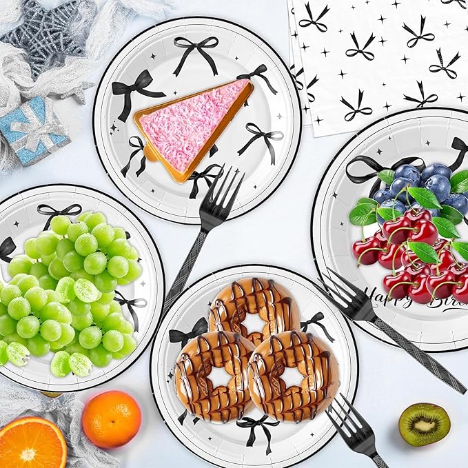 180Pcs Black Bow Birthday Party Supplies Paper Plates and Napkins Serve 60 Disposable Tableware Set for Birthday Party Decorations Game Day Family Holiday Sports Events