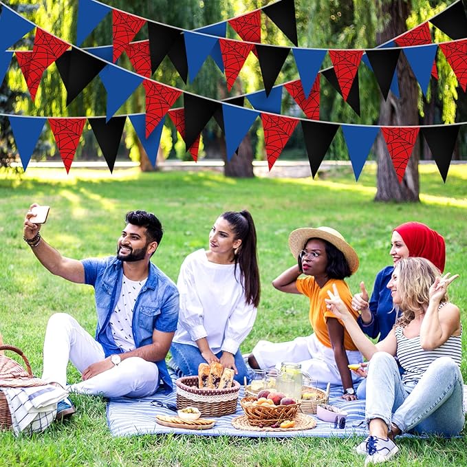 Boao 10 Strips Spider Pennant Banner 98 ft Hero Triangle Flag Cartoon Paper Pennant for Spider Birthday Party Decorations Hero Theme Festivals Wedding Party Supplies Outdoor Home Decor