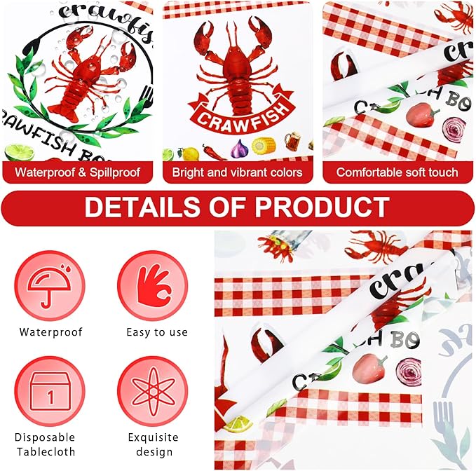 PHOGARY Crawfish Boil Party Supplies Lobster Tablecloth, Plastic Red Lobsters Table Cover for Crawfish Birthday, Seafood Boil Party Decorations - Rectangular Table Decor 108 x 51inch
