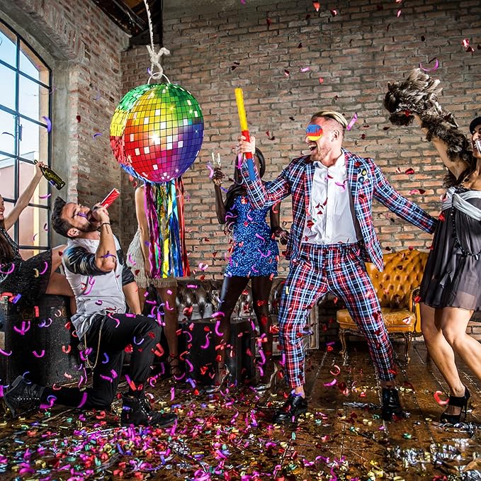Colorful Disco Ball Pinata with Stick and Blindfold 80s 90s Theme Party Decorations Disco Pinata for Birthday Weddings Roller Skating Party Supplies