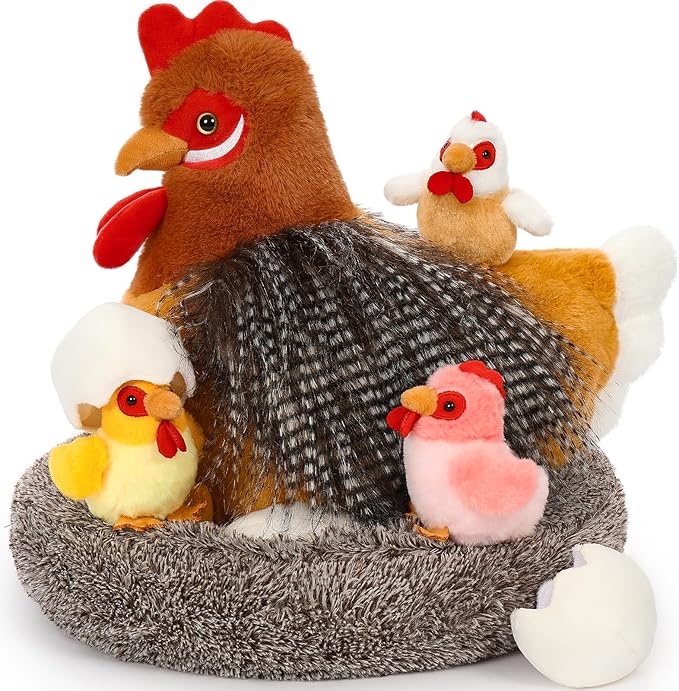 8Pcs Easter Chicken Stuffed Animal, Stuffed Hen with Little Baby Chicks and Coop, Rooster Plush Gifts Toys for Kids, Hit of Christmas Farm Party