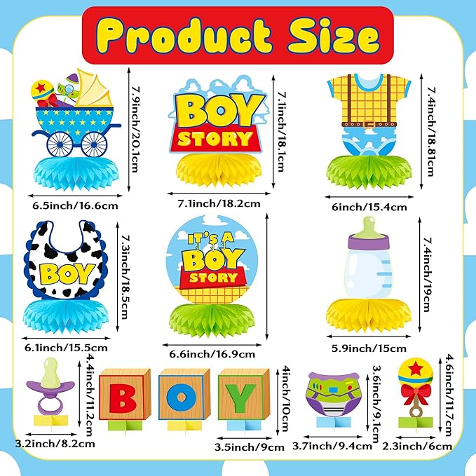 Boy Story Honeycomb Centerpieces - 12PCS Boy Story Baby Shower Party Honeycomb Centerpieces Baby Boys Party Table Decoration It’s a Boys Stories Table Topper for Birthday Party Supplies