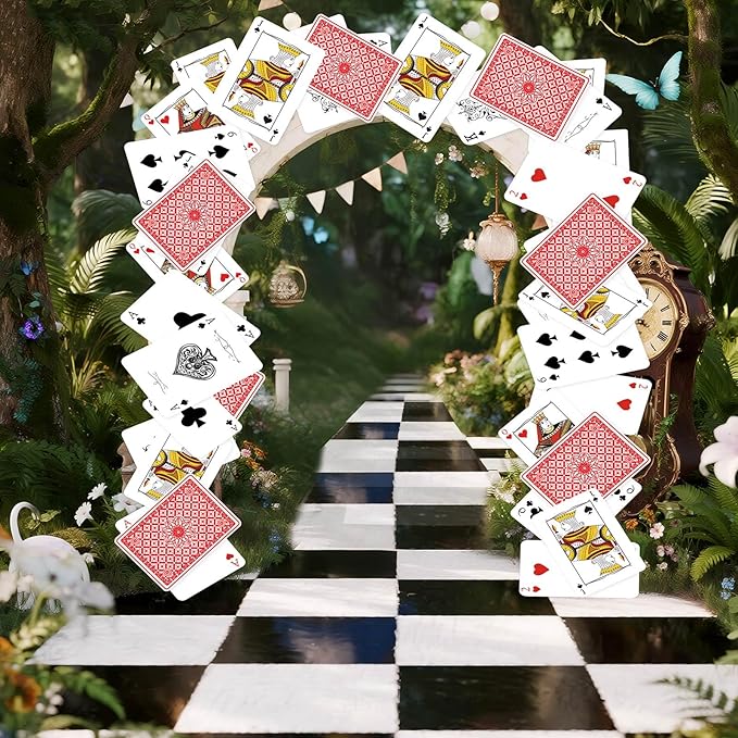 Preboun Wonderland Tea Party Decoration 6.56 x 4.9 ft Classic Poker Cards Door Banner Wonderland Garland Photo Props Background for Birthday Baby Shower Tea Party Supplies