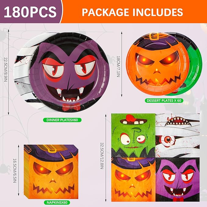 180 Pcs Halloween Paper Plates and Napkins Set,4 Design Pumpkin Monster Bat Disposable Tableware Supplies,for Halloween Party Decoration,Serve 60