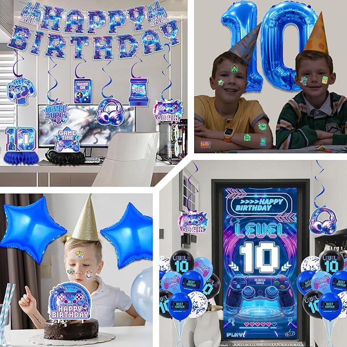 10th Birthday Decorations for Boys, Video Game Level 10 Birthday Decorations Include Banner Backdrop Sash Honeycomb Centerpieces Hanging Swirls Stickers Cake Topper for Gamer Party Supplies